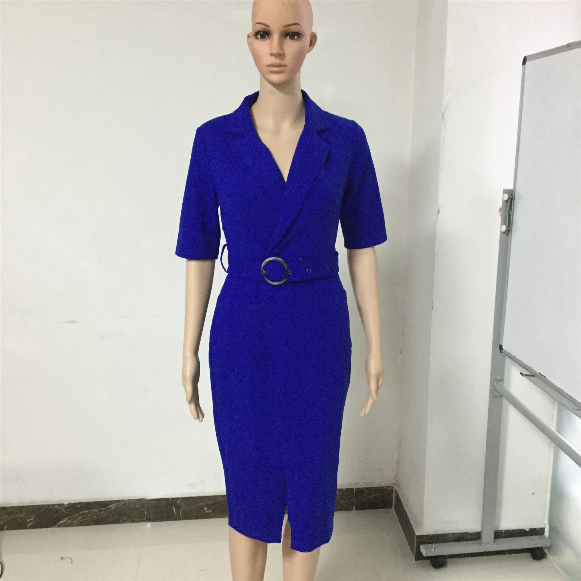 VITIANA Ženske Elegantne Urad za Žensko Obleko 2020 Pomlad Kratek Rokav Proti Vratu Solid Blue Bodycon Tulec Plus Velikost Priložnostne Obleko Dela