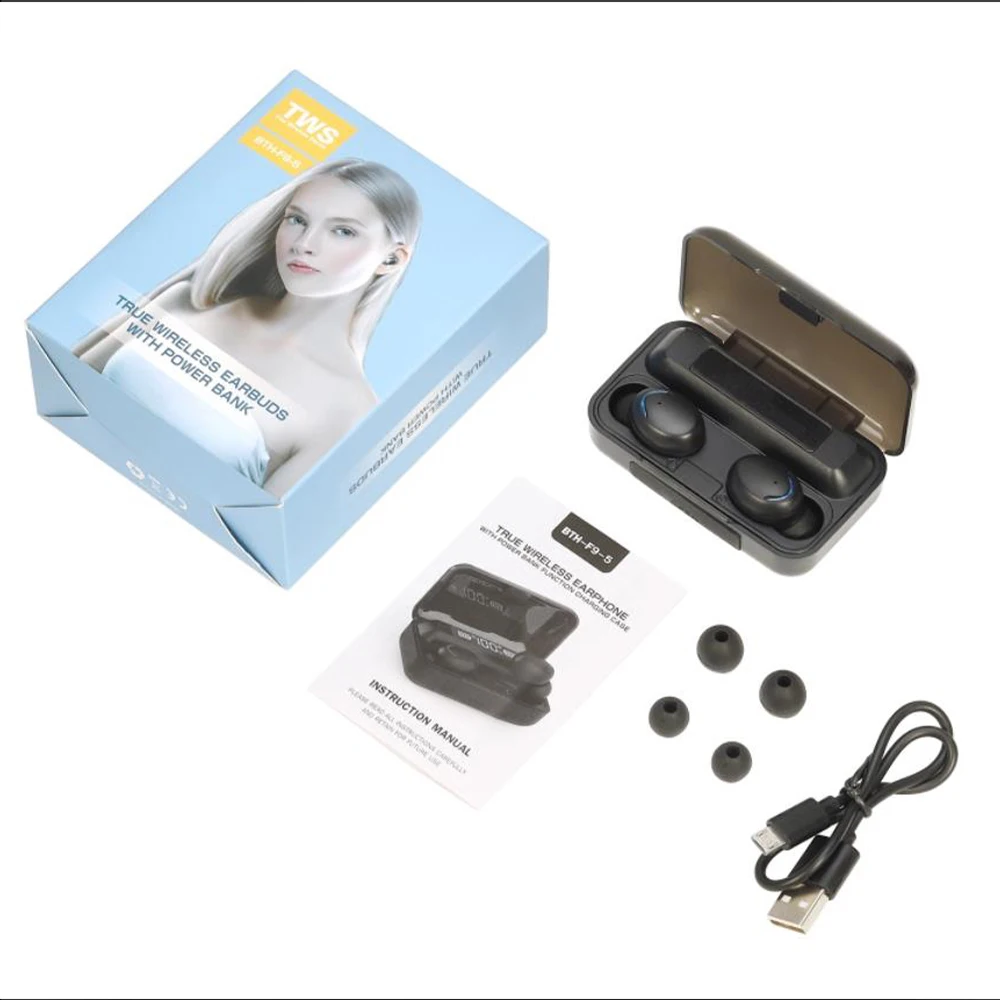 F9 TWS Bluetooth Brezžične Slušalke 5.0 Slušalke 9D Mini Bas Stereo in-ear Čepkov Športne Slušalke Z Mikrofonom Polnjenje Primeru
