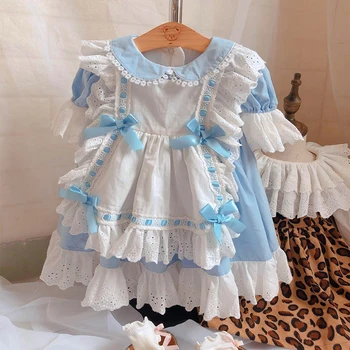 Novo Prišli Poletje Obleko Baby Dekle Vintag Rojstni Princesa Čipke Lok Obleke za 1-5 Dekleta z Čipke Lok Doll Noša