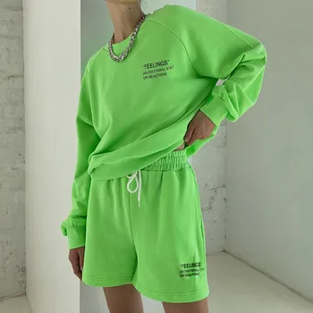Nove Ženske Osebnosti Fluorescentna Barva Pismo Tiskanje Priložnostne Svoboden Long Sleeve Jopica in Hlače Sportwear Dekle Set