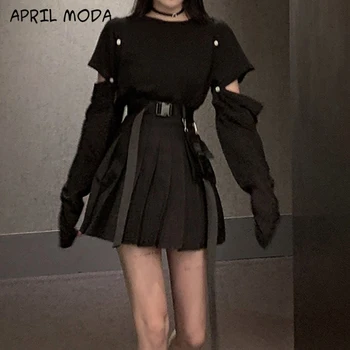 Ženska 2 Kos Določa 2020 Pomlad Korejski Oblačila Harajuku Modni Črno Priložnostne Svoboden Dolg Rokav T-Shirt In Nabrano Krilo, Na Novo Določiti