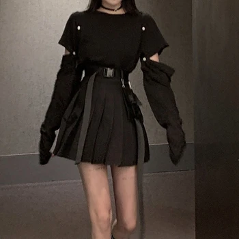 Ženska 2 Kos Določa 2020 Pomlad Korejski Oblačila Harajuku Modni Črno Priložnostne Svoboden Dolg Rokav T-Shirt In Nabrano Krilo, Na Novo Določiti