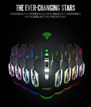 T-WOLF Q13 za Polnjenje Brezžično Miško Tiho Ergonomska Gaming Mišk 6 Tipke RGB Osvetlitev 2400 DPI za Prenosni Računalnik Pro Igra