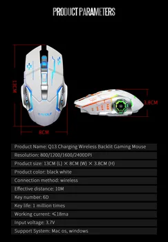 T-WOLF Q13 za Polnjenje Brezžično Miško Tiho Ergonomska Gaming Mišk 6 Tipke RGB Osvetlitev 2400 DPI za Prenosni Računalnik Pro Igra
