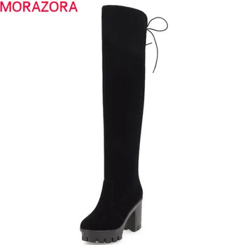 MORAZORA 2020 vroče prodajo nad kolena škornji ženske jate jeseni, pozimi visoke pete, škornji čipke gor toplo platforma čevlji ženska črna