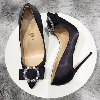 Brezplačna dostava za modo žensk črpalke črno satenasto kristalno trass točke toe visoke pete, čevlji stranka čevlji stiletto pete 12 cm 10 cm