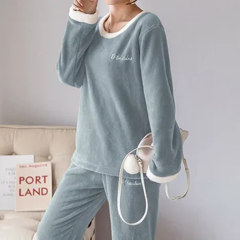2020 Pozimi Pižamo Ženske Korejski Sleepwear Srčkan Flanela Pižamo Nastavite Žamet Toplo Pijama Krog Vratu Pyjama Homewear Ženske