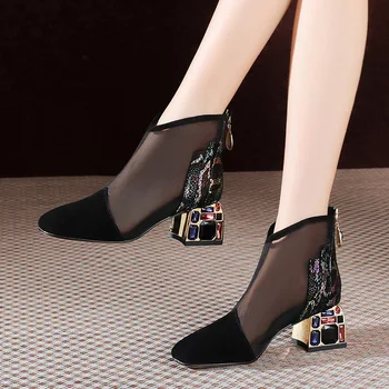 Sandali, Škornji 2020 Poletje Seksi Multi-Barvni Kristal Močen Pete Pol-Visoko Peto Ženske Čevlje Obrnjenega Nazaj Zadrgo Barva Sandali
