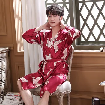 Siva.Pižamo Svilnato Mens Plašč Kimono Plašč L-3XL Sleepshirt Proti-Vrat Nighty Spanja kopalni plašč Pomlad Nightgown Salon Homewear