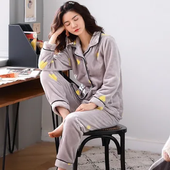 Voplidia Pižamo za Ženske je iz Coral Runo Pižame Gumb Pozimi Pijamas Mujer Sleepwear More Jeseni Homewear 2pcs
