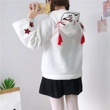 Hoodies Ženske Hooded Vezenje Tassel Debelejši Plus Žamet Ženska pulover s kapuco Lepo Vse-tekmo Japonski Slog Harajuku Kawaii Trendy