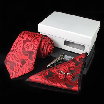 Svila 8 cm Mens Kravato Niz Modnih klasičnih paisley jacquardske tie &handkerchief&zapestne gumbe&posnetek gift box set poroko poslovnih Kravatni