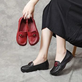 YAERNI 2020autumn novo prvo plast cowhide plitvo usta udobne čevlje, ravno čevlji retro dekorativni mati čevlji ženske čevlje