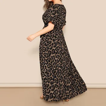 Plus Velikost Ženske Obleke Proti-Vrat Kratek Rokav Maxi Dolga Obleka Ženske Leopard Tiskanja Zaviti Sashes Obleko Lady Stranka Oblačila Vestido Robe