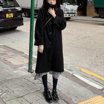 Jesenska in zimska oblačila novo korejsko mid-dolžina temperament volnene plašč Hepburn slog debele volnene plašč ženske