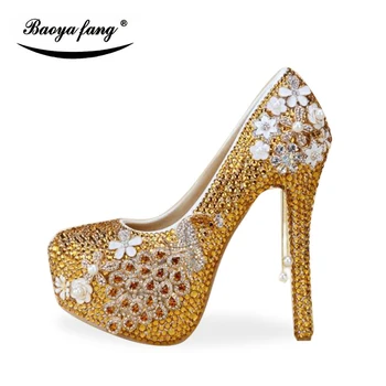 Nov prihod Zlate kristalno ženska poročni čevlji Nevesta Visokih petah stranka obleko Črpalke Visoki čevlji Modni Platforma čevlji
