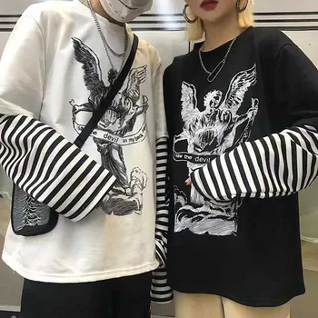NiceMix Harajuku majica s kratkimi rokavi Ženske Ponaredek 2 Kosa Tiskanja Japonski Fujiang Groze Strip z Dolgimi Rokavi Ženske Vetement Femme 2020