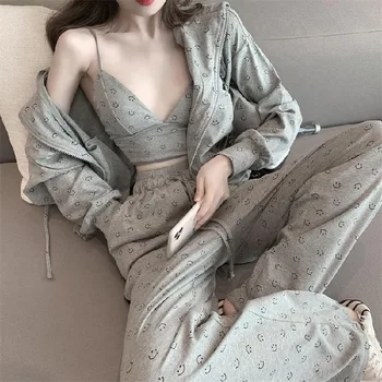 Moda Pižamo za Ženske Bombaž Pomlad Domov Oblačila za Ženske Sivo Pijamas Ženske Seksi 3 Kos Set Ženske Pižame Sleepwear Set