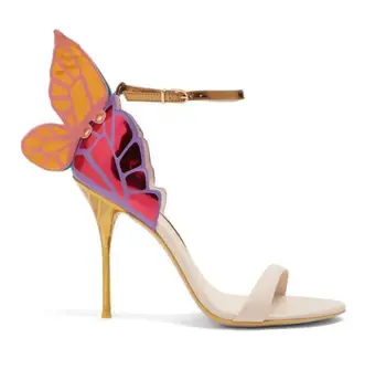 Najnovejši kovinski vezene usnjene sandale angel krila črpalke poročni čevlji metulj gleženj zaviti visoke pete sandala Obleko Sandali