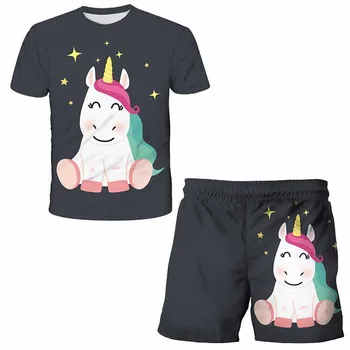 4-14 Let otroci samorog risanka določa Fant dekle anime smešno T shirt poletje vrhovi hlače + majica otrok priložnostne oblačila poliester