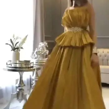 Nov Prihod Saten Zlato večerne obleke 2021 Čaj dolžina Ruched tam kaftan Dubaj Prom stranka obleko Plus velikost abendkleider