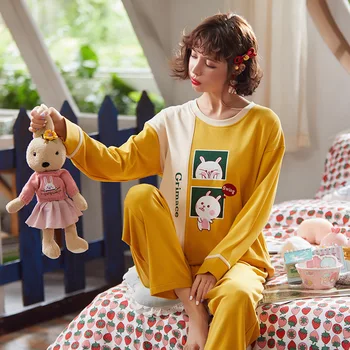 NIGHTWA Jeseni Pižamo za Ženske Bombaž Dolg Rokav korejskem Slogu Sladko Srčkan Punca Študentskih Domov Nositi Obleko, dvodelno, pižame ženske