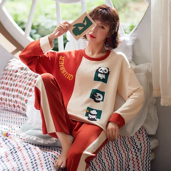 NIGHTWA Jeseni Pižamo za Ženske Bombaž Dolg Rokav korejskem Slogu Sladko Srčkan Punca Študentskih Domov Nositi Obleko, dvodelno, pižame ženske