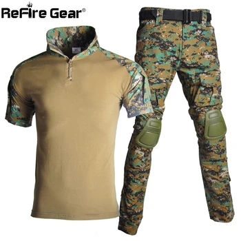 ReFire Orodje za Moške Multicam Taktično Enotna Oblačila RU US Army Vojaške T-Shirt + Tovora Hlače Airsoft S Ščitniki za Kolena Oblačila, ki