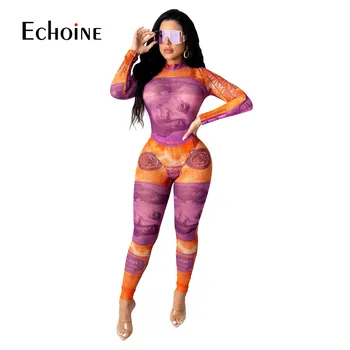 Echoine ženske seksi ameriški dolar print set dolgimi rokavi jumpsuit & svinčnik hlače Dva Kosa iz Stranke, nočni klub igralne obleke obleka, Obleka