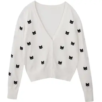 2020 jeseni nove modne pletene cardigan ženske vezeni mačka pulover Proti-vrat dolgo sleeved sweatershirt