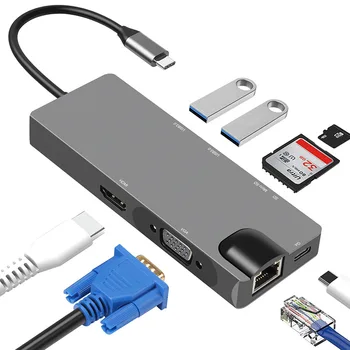 USB C HUB Ac 8 v 1USB C do HDMI, VGA, USB 3.0 Vrata SD/TF Bralec, RJ45, USB 3.0 Dock za MacBook Pro USB-Tip C C 3.1 Splitter