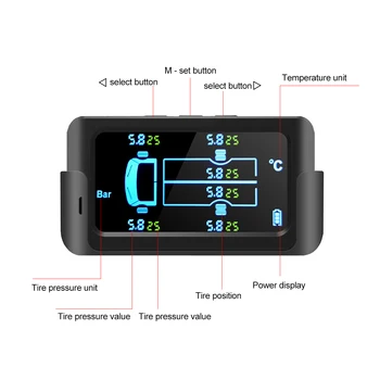 Sončne Smart Avto TPMS Nadzor Tlaka v Pnevmatikah Sistem Digitalni LCD Zaslon, Samodejni Varnostni Alarm 6 Senzorji 122PSI 8.5 Bar 800mAh