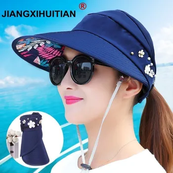 Novo preproste ženske poletne plaže, Sonce Klobuki pearl packable sončnega klobuk z velikimi glavami široko roba UV zaščito ženskih skp