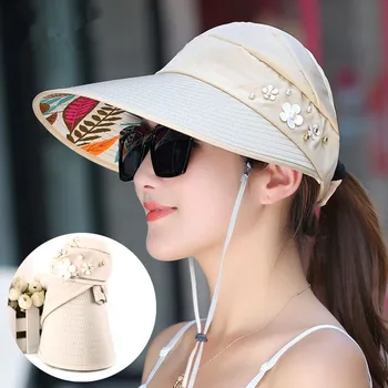 Novo preproste ženske poletne plaže, Sonce Klobuki pearl packable sončnega klobuk z velikimi glavami široko roba UV zaščito ženskih skp