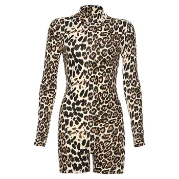 FORERUN Leopard Playsuit Dolg Rokav Turtleneck Kratek Jumpsuit za Ženske Modni Ulične Jesensko Zimske igralne obleke Kombinezon Mujer