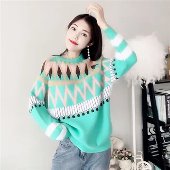 Jeseni korejska različica 2020 novo kariran pulover ženske okoli vratu jacquardske pulover svoboden hooded majica rokavi ženske