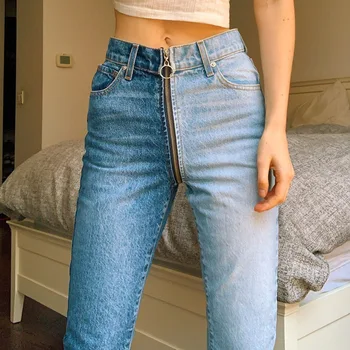 Priložnostne Ženske Denim Visoko Pasu Barvni Mozaik Zadrgo Dolge Hlače Ulične Jeans Ženska Oblačila Za Ženske