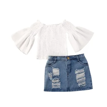 2020 Moda Za Malčke Baby Dekleta Obleke, Kompleti Flare Dolg Rokav Off Ramenski Vrhovi+Jeansa Mini Krila