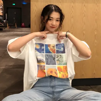 Ženska Moda in ženske Tees & Vrhovi Kratek Rokav korejski Slog Priložnostne Harajuku T-shirt Van Gogh Slikarstvo Estetske T Shirt Ulične