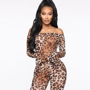 Ženske Obleke Off Ramenski Leopard Tiskanja Ujemajoče Niz Dolg Rokav Bodysuits+dokolenke Stretchy Obleke Moda Clubwear