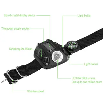 XPE R2 LED Zapestje Gledati Svetilko, Baklo Nepremočljiva Teče ura Taktično Watch Razsvetljave Z Ure LED Zaslon Vgrajeno Baterijo