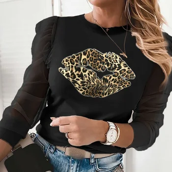 Čipke Dolgo Puff Rokavi Ženske Bluzo Mozaik Natisnjeni Leopard Pearl O-izrez Ženska Tanke Vrh 2021 Pomlad Moda Lady Bluze