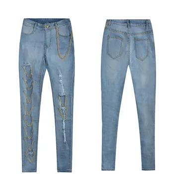 Jeans verige jeans hlače nizko pasu velike luknje uničeno stiski traper hlače ženske dolgo dnu