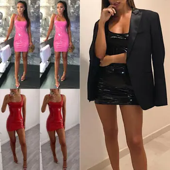 Moda za Ženske PU Usnje Povoj Bodycon brez Rokavov Klub Stranka Seksi Slim Kratek Mini Obleka
