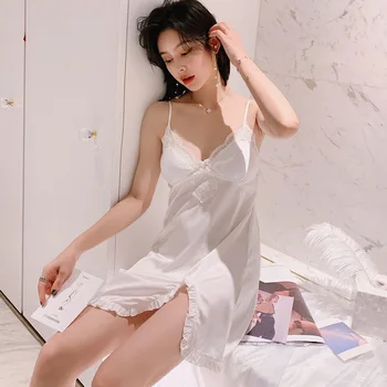 Poletje nove tanke simulacije traku prsih pad suspender nightgown Žensk Ledu Svile prosti čas domov nositi seksi obleko za seks noč