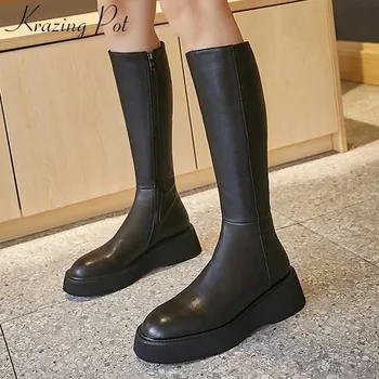 Krazing pot preprost stil trdno blagovno znamko osnovne kravje usnje škornji krog toe strani zadrgo pozimi toplo ženske škornji z visoko stegno L11