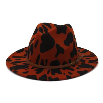 ZLD Zimske moške skp modni trend rjava tanek pas krava vzorec velike robna klobuk fedoras klobuk jeseni Britanski stil jazz ženske klobuk