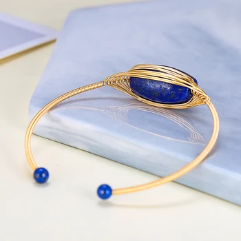 JD Naravnega Kamna Modra Lapis Lazuli Bangle Vintage Zapestnica Dobre Kakovosti Ročno Zlata Žica Odprte Zapestnice Bangles Za Ženske Naključno