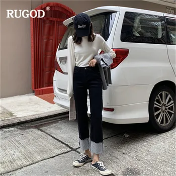 RUGOD korejske ženske jeans Pomlad novo 2020 urad dame traper kavbojke priložnostne naravnost ohlapne hlače modni roll elegantna zasnova hlače