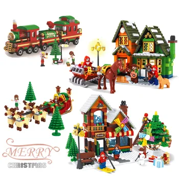 Sembo Bloki Vesel Božič House Model Gradniki Santa Vožnjo Opeke Vlak Prevoz Tovornjak Mini Številke Igrače Za Otroke Darila